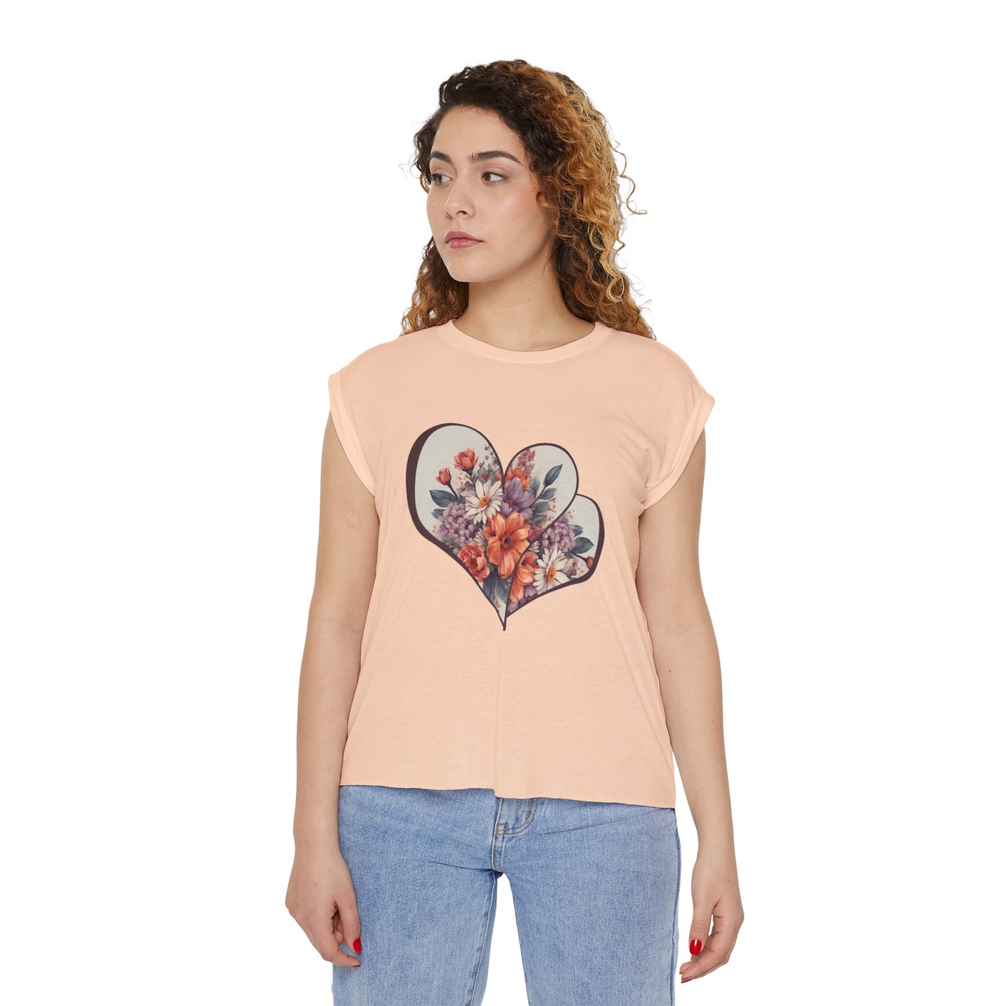 BA Floral Heart Flowy Rolled Cuffs Tee