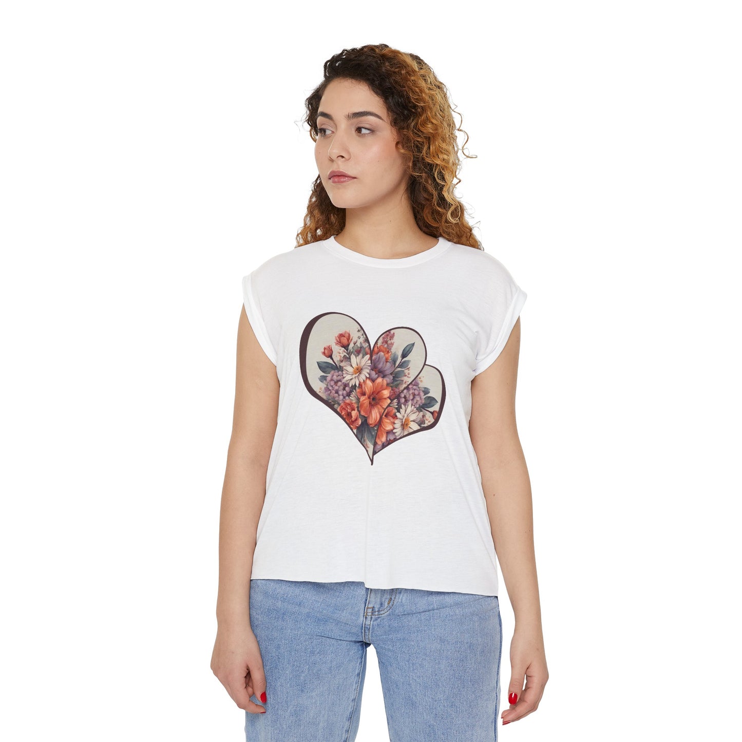 BA Floral Heart Flowy Rolled Cuffs Tee