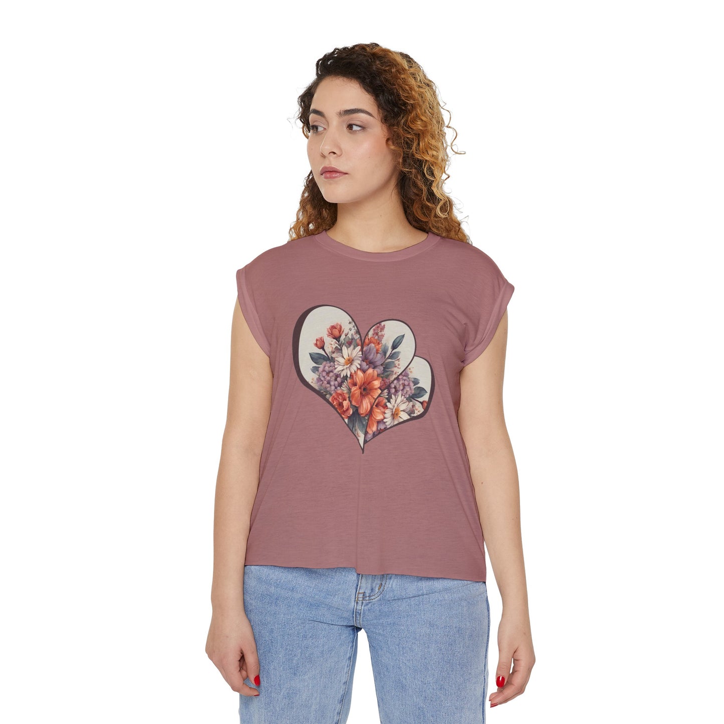 BA Floral Heart Flowy Rolled Cuffs Tee